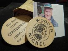 Dollar-size Coin wrapper with (20) "Boone/Iowa/Centennial/1865-1965/Sept.13 thru 18" Wooden Nickels.