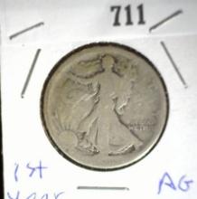 1916 P Silver Walking Liberty Half Dollar, Well worn.