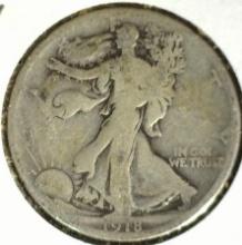 1918 D Silver Walking Liberty Half Dollar, Good+.