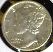 1940 D Silver Mercury Dime, AU-Unc. Carded.