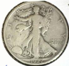 1927 S Silver Walking Liberty Half Dollar, VG-Fine. Semi key date. Carded.
