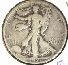 1929 S Silver Walking Liberty Half Dollar, Full Rims, VG. Carded.