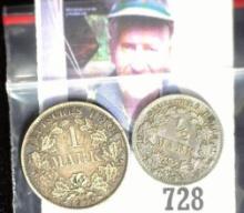 1905 1/2 Mark & 1902 One Mark German Silver Coins.