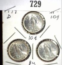 (3) 1944 D Philippines Silver Ten Cent coind, BU. Carded.