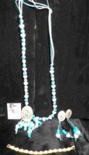 White Hearts & Blue Beads Necklace, Earrings, & a Blue Golden Bracelet. Like new in box.