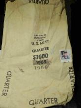 Large Canvas Money Bag "Please Do Not Cut/Bag When Opening/Return to/U.S. Mint/Quarter/$1000/1965 (l