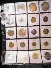 20-Pocket Plastic Page full of Medals, Tokens, & Foreign Coins. All ready to attend the coin show.