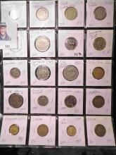 20-Pocket Plastic Page full of Medals, Tokens, & Foreign Coins. All ready to attend the coin show.