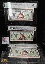 Three Consecutive number $1 1987 Disney Dollar slabbed indivdually by PMG as "DISI - Disneyland - Bl