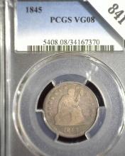 1845 Type 2, No Motto U.S. Seated Liberty Quarter, PCGS slabbed VG08. Only 2 have been assigned this