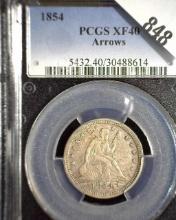 1854 P Type 4, No Motto, U.S. Seated Liberty Quarter slabbed PCGS XF40 Arrows.