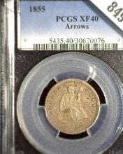 1855 P Type 4, No Motto, U.S. Seated Liberty Quarter slabbed PCGS XF40 Arrows. Only 40 pieces graded