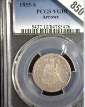 1855 S Type 4, No Motto, Arrows at date U.S. Seated Liberty Quarter, slabbed PCGS VG10 Arrows. 396,4