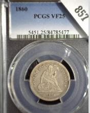 1860 Type 2 No motto U.S. Seated Liberty Quarter, slabbed PCGS VG25. Great Civil War date with only