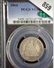 1864 Type 2 No motto U.S. Seated Liberty Quarter, slabbed PCGS VG10 Green label CAC. Great Civil War