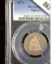 1873 P No arrows Open 3 U.S. Seated Liberty Quarter, PCGS slabbed F-15. Open 3 Mtg. 40,000