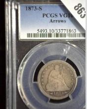 1873 S U.S. Seated Liberty Quarter, PCGS slabbed VG10 Arrows. Mtg. 156,000