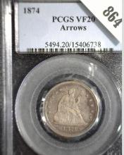 1874 P Arrows, no motto U.S. Seated Liberty Quarter, PCGS slabbed VF20 Arrows.