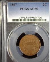 1867 U.S. Two Cent Piece, slabbed PCGS AU55