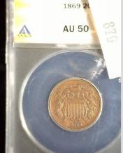 1869 U.S. Two Cent Piece, ANACS slabbed AU50.