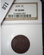 1870 U.S. Two Cent Piece, NGC slabbed VF20BN