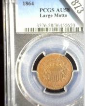 1864 U.S. Two Cent Piece, PCGS slabbed AU58 BN Large Motto, nice Civil War Date.