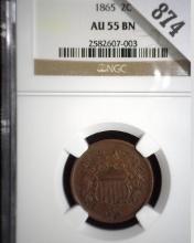 1865 U.S. Two Cent Piece, NGC slabbed AU55 BN, nice Civil War Date.