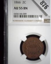1866 U.S. Two Cent Piece, NGC slabbed AU55 BN