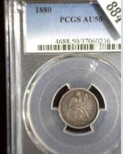 1880 P U.S. Seated Liberty Dime, slabbed PCGS AU50. Only 36,000 ever minted. A very hard to find spe