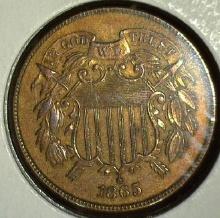 1865 U.S. Two Cent Piece, EF. A nice Civil War specimen.