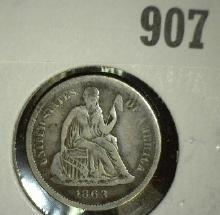 1863 S U.S. Seated Liberty Dime, Very Fine. Civil War Year. Low mintage of only 157,500.