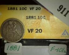 1881 U.S. Seated Liberty Dime, removed from an ANACS Slabbed VF 20 holder. Gerry Fortin of SeatedDim