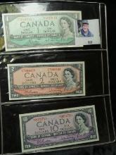 1954 Bank of Canada Dollar; 1954 Bank of Canada $2; & 1954 Bank of Canada $10 Bank notes.