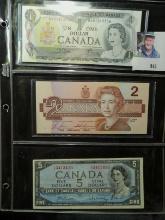 1973 Bank of Canada Dollar; 1986 Bank of Canada $2; & 1954 Bank of Canada $5 Bank notes.