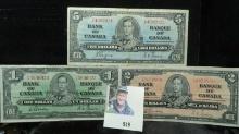 January 2, 1937 Bank of Canada One Dollar, Two Dollar, & $5 Banknotes.