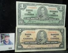 January 2, 1937 Bank of Canada One Dollar & Two Dollar Banknotes.