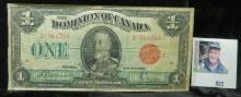 July 2nd, 1923 The Dominion of Canada One Dollar Banknote. Large size.