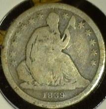 1839 U.S. Seated Liberty Dime, G/AG. Rotated die.