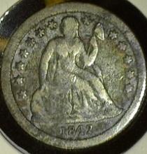 1842 U.S. Seated Liberty Dime, Very Good.