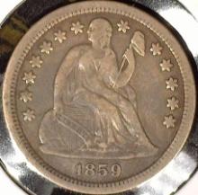 1859 Type 3, Stars obverse U.S. Seated Liberty Dime, VF.