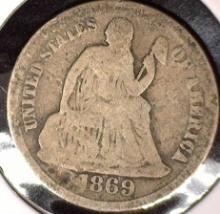 1869 S Type 5, Legend Obverse U.S. Seated Liberty Dime, Good. Mtg. 450,000.