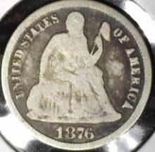 1876 CC Type 5, Legend obverse, U.S. Seated Liberty Dime, Good.