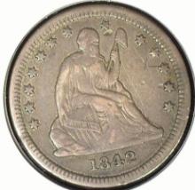 1842 O Large date, Type 2 No motto, U.S. Seated Liberty Quarter, VF.