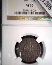 1847 P U.S. Seated Liberty Quarter, slabbed NGC VF30.