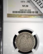1876 P U.S. Seated Liberty Quarter, slabbed NGC VF20.