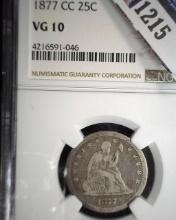 1877 CC U.S. Seated Liberty Quarter, slabbed NGC VG10.