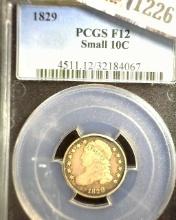 1829 Capped Bust Dime, slabbed PCGS F12 Small 10c.