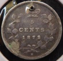 1872 Canada Five Cent Silver, holed, better date.