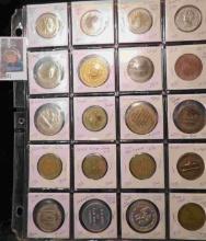 Plastic page containing (20) Miscellaneous Tokens, Foreign Coins, Baseball Medals, and etc.