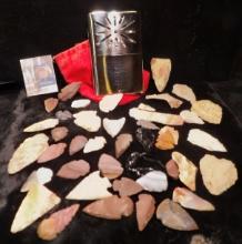 Like new Hand Warmer with a large group of mostly modern, but some old,  Flint Indian Artifacts (42